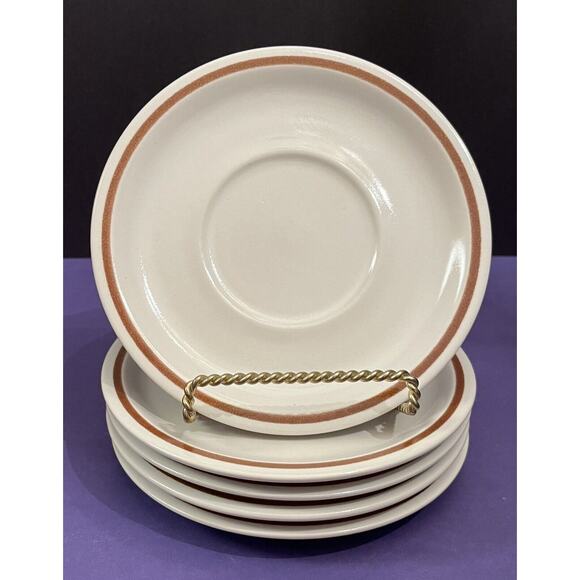 (5) Vintage Ekco Eterna Camelot 6 3/8” Saucers Stoneware Cream w/ Brown Band - Picture 1 of 4
